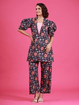 Gillori - Blue Cotton Floral Jacket with Inner and Pant
