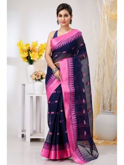 DipDiya - Lagan Pure Cotton Naby Blue Tant Saree Without Blouse