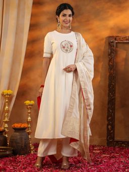 Gillori - Off White Cotton Silk Embroidered Anarkali Kurta with Pant and Dupatta