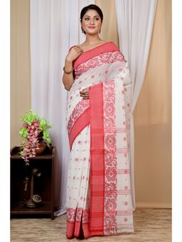 DipDiya - White Pure Cotton Woven Saree with Unstitched Blouse