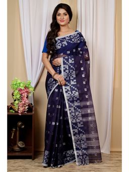DipDiya - Aptuk Pure Cotton Dark Blue Tant Saree Without Blouse