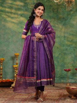 Gillori - Purple Cotton Embroidered Anarkali Kurta with Pant and Dupatta