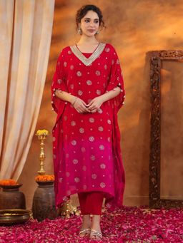 Gillori - Red Georgette Embroidered Kaftan with Inner and Pant