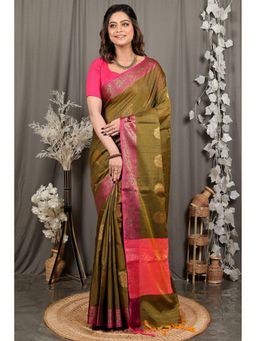 DipDiya - Green Cotton Blend Woven Saree with Unstitched Blouse