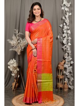 DipDiya - Orange Cotton Blend Woven Saree with Unstitched Blouse