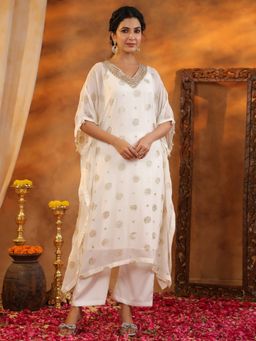 Gillori - White Georgette Embroidered Kaftan with Inner and Pant