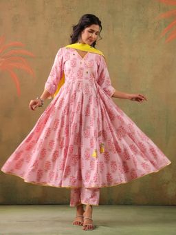 Gillori - Pink Cotton Floral Anarkali Kurta with Pant and Dupatta