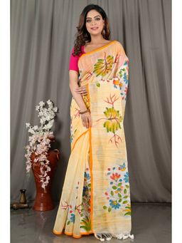 DipDiya - Yellow Cotton Blend Woven Saree with Unstitched Blouse