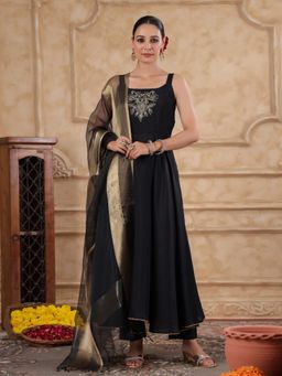 Gillori - Black Silk Blend Embroidered Anarkali Kurta with Pant and Dupatta