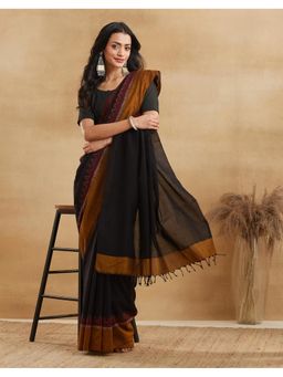 Fabindia - Black Cotton Geometric Saree with Unstitched Blouse