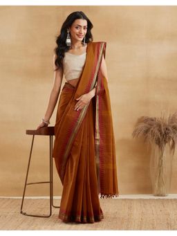 Fabindia - Rust Cotton Blend Woven Saree with Unstitched Blouse