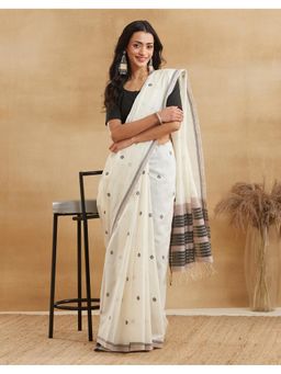 Fabindia - Off White Cotton Silk Woven Saree with Unstitched Blouse