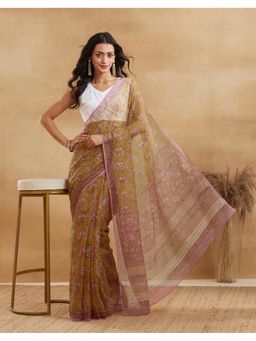 Fabindia - Mustard Cotton Silk Floral Saree with Unstitched Blouse