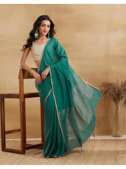 Fabindia - Teal Cotton Linen Solid/Plain Saree with Unstitched Blouse