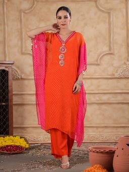 Gillori - Orange Georgette Embroidered Kaftan with Inner and Pant