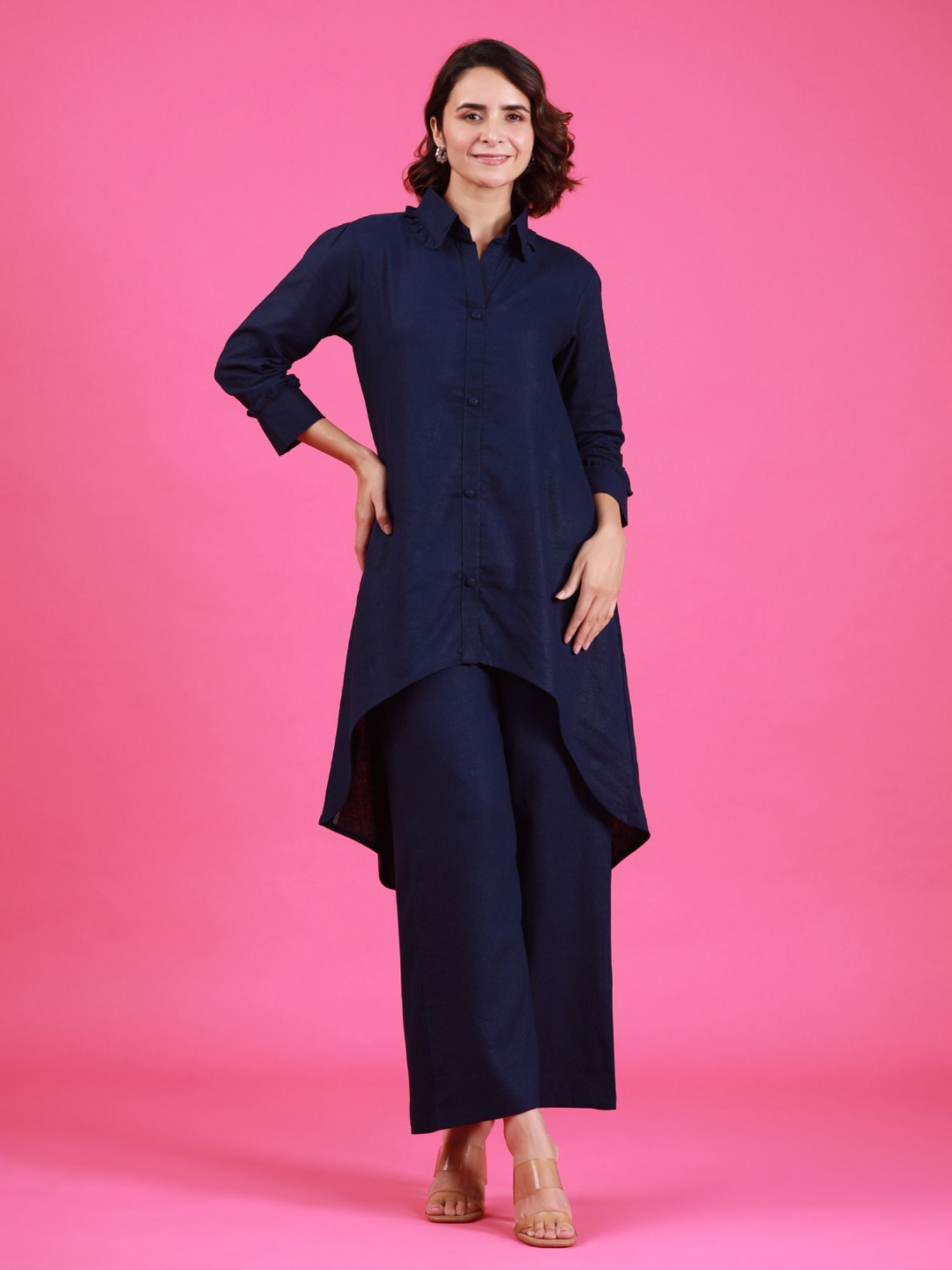 gillori Navy Blue Cotton Linen Blend Solid Kurta with Pant-picture-0