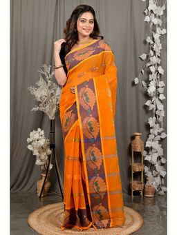DipDiya - Orange Pure Cotton Woven Saree with Unstitched Blouse