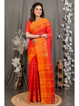 DipDiya - Red Pure Cotton Woven Saree with Unstitched Blouse