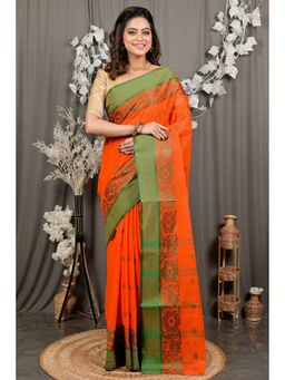 DipDiya - Orange Pure Cotton Woven Saree with Unstitched Blouse