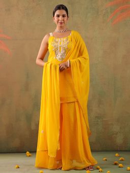 Gillori - Yellow Georgette Embroidered Kurta with Sharara and Dupatta