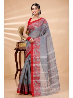 DipDiya - Grey Pure Cotton Woven Saree with Unstitched Blouse