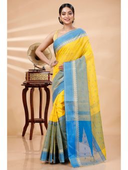 DipDiya - Ganga Jamuna Buti Pure Cotton Yellow Tant Saree Without Blouse