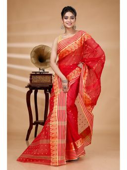DipDiya - Red Pure Cotton Woven Saree with Unstitched Blouse