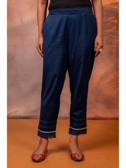 Juniper - Navy Blue Solid Cotton Flex Slim Fit Pant