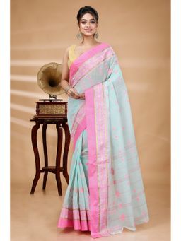 DipDiya - Bollata Tant Pure Cotton Lime Green Tant Saree Without Blouse