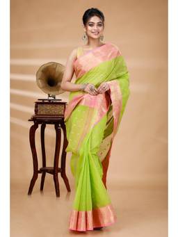 DipDiya - Green Pure Cotton Woven Saree with Unstitched Blouse