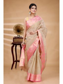 DipDiya - Cream Pure Cotton Woven Saree with Unstitched Blouse