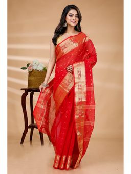 DipDiya - Red Pure Cotton Woven Saree with Unstitched Blouse