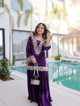 Odette - Purple Velvet Embellished Kurta with Sharara and Dupatta