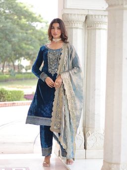 Odette - Blue Velvet Embroidered Kurta with Pant and Dupatta