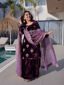 Odette - Purple Velvet Embellished Kurta with Sharara and Dupatta