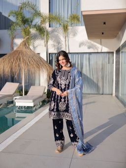 Odette - Navy Blue Velvet Embroidered Kurta with Pant and Dupatta