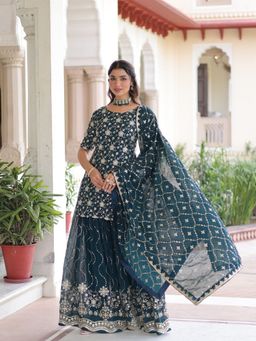 Odette - Teal Georgette Embroidered Kurta with Sharara and Dupatta
