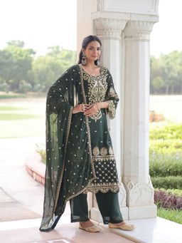 Odette - Olive Silk Blend Embellished Kurta with Pant and Dupatta