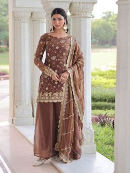 Odette - Brown Silk Blend Embellished Kurta with Sharara and Dupatta