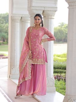 Odette - Pink Silk Blend Embellished Kurta with Sharara and Dupatta