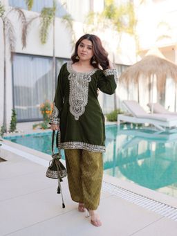 Odette - Olive Velvet Embroidered Kurta with Pant