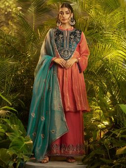 Odette - Rust Organza Embroidered Kurta with Sharara and Dupatta