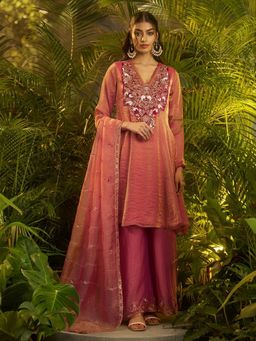 Odette - Mauve Organza Embroidered Kurta with Sharara and Dupatta