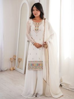 Odette - White Silk Blend Embroidered Kurta with Sharara and Dupatta