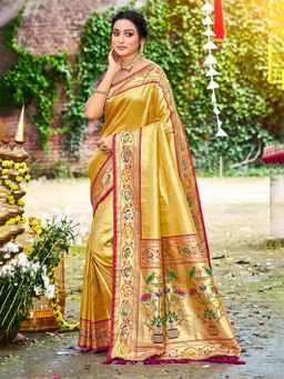 Sangam Prints - Yellow Silk Woven Work Traditional Saree with Unstitched Blouse