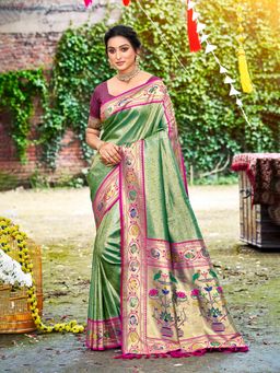 Sangam Prints - Dark Green Silk Woven Work Traditional Saree with Unstitched Blouse