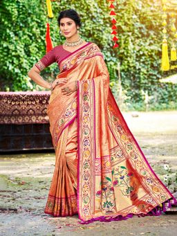 Sangam Prints - Orange Silk Woven Work Traditional Saree with Unstitched Blouse