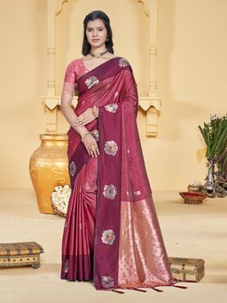 Sangam Prints - Maroon Silk Woven Work Traditional Saree with Unstitched Blouse