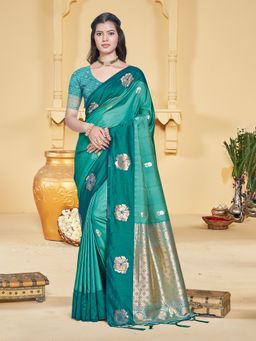 Sangam Prints - Teal Blue Silk Woven Work Traditional Saree with Unstitched Blouse