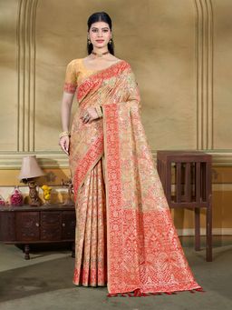 Sangam Prints - Beige Cottan Silk with Meena Woven Work Traditional Saree with Unstitched Blouse